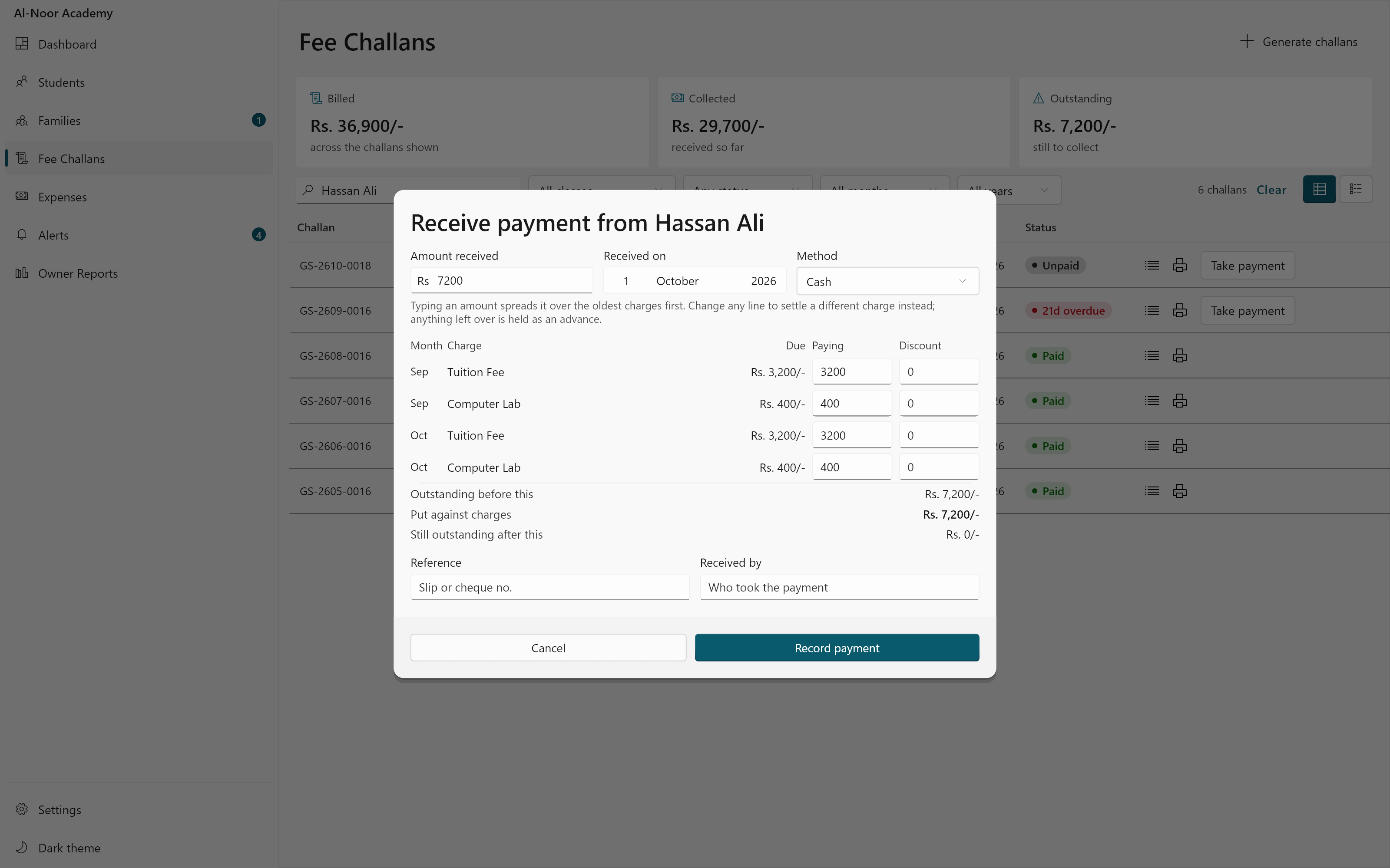 The Campus OS payment dialog spreading Rs 7,200 received across two months of tuition and computer lab charges, with a discount box on each line.